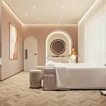 Serene SPA Sauna Space with Peach Colored Walls Arched Doorway Round Mirror and Massage Bed