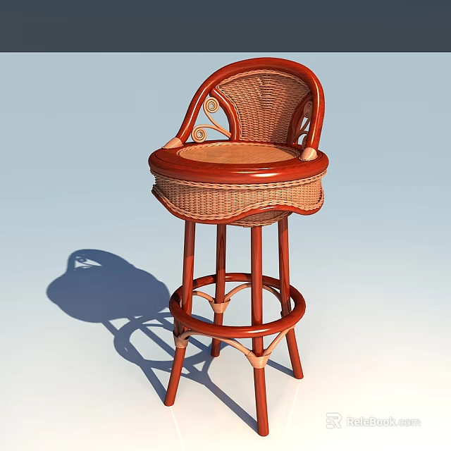 Stylish Wicker Bar Stool With Curved Backrest And Red Frame Design 3d model 