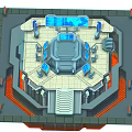 Cartoon Sci Fi Control Room Scene With Central Console Blue Screens Stairs And Technical Equipment
