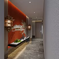 Elegant Hotel Corridor With Red Accent Wall Lantern Lighting Gray Tiled Floor Green Plants And Bench
