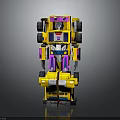 Yellow And Purple Robot Toy Figure With Multiple Wheels And Pink Accents