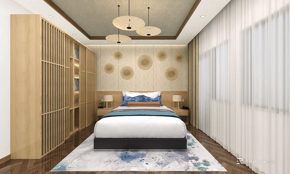 Hotel Room Interior With Circular Wall Decorations Wooden Lattice Cabinets Pendant Lights And Patterned Rug 3d model 