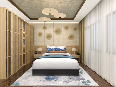 Hotel Room Interior With Circular Wall Decorations Wooden Lattice Cabinets Pendant Lights And Patterned Rug 3d model