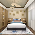 Hotel Room Interior With Circular Wall Decorations Wooden Lattice Cabinets Pendant Lights And Patterned Rug