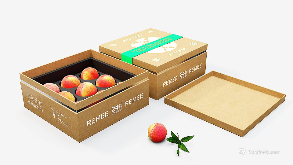 Elegant Fruit Gift Boxes With Brown Packaging Green Ribbon And Fresh Peaches 3d model 