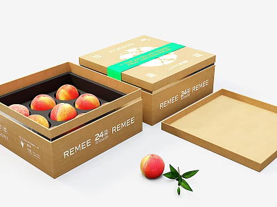 Elegant Fruit Gift Boxes With Brown Packaging Green Ribbon And Fresh Peaches 3d model