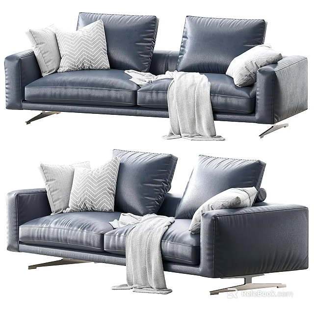 Modern Blue Leather Two Seater Sofa With Patterned Pillows And Soft Throw Blanket Stylish Design 3d model