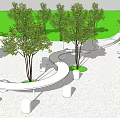White Outdoor Chairs In Circular Design Under Trees On Green Lawn And Sandy Ground