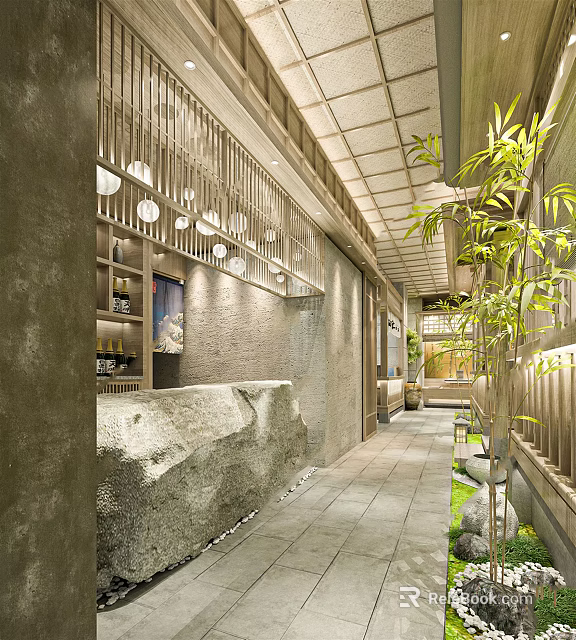 Elegant Hotel Corridor With Natural Stone Decor Bamboo And Pendant Lights 3d model 