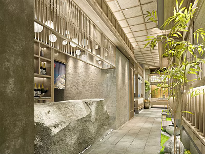 Elegant Hotel Corridor With Natural Stone Decor Bamboo And Pendant Lights 3d model