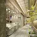 Elegant Hotel Corridor With Natural Stone Decor Bamboo And Pendant Lights