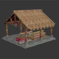 Traditional Wooden Shed Structure With Sloped Roof Wooden Pillars And Firewood Stack On Stone Base