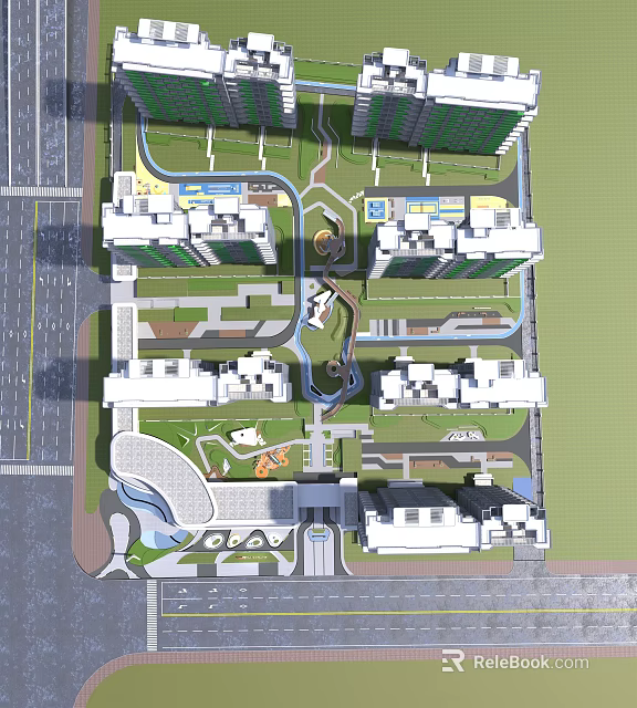 Modern Residential Complex with Multiple Buildings Green Spaces and Central Park 3d model