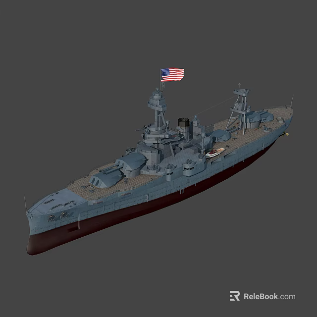 Vintage American Battleship Warship With Gun Turrets Deck US Flag And Military Design 3d model 