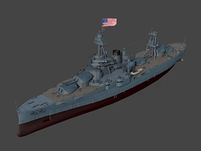 Vintage American Battleship Warship With Gun Turrets Deck US Flag And Military Design 3d model