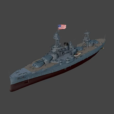 Vintage American Battleship Warship With Gun Turrets Deck US Flag And Military Design 3d model