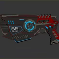 Futuristic Sci Fi Gun with Red Black Body Blue Glowing Accents and Number 66 Detail