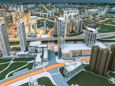Modern Urban Cityscape Aerial View With High Rise Buildings Roads And Green Spaces 3d model