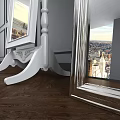 Floor Mirrors With White Carved Base And Silver Frame Reflecting City View Gray Wall