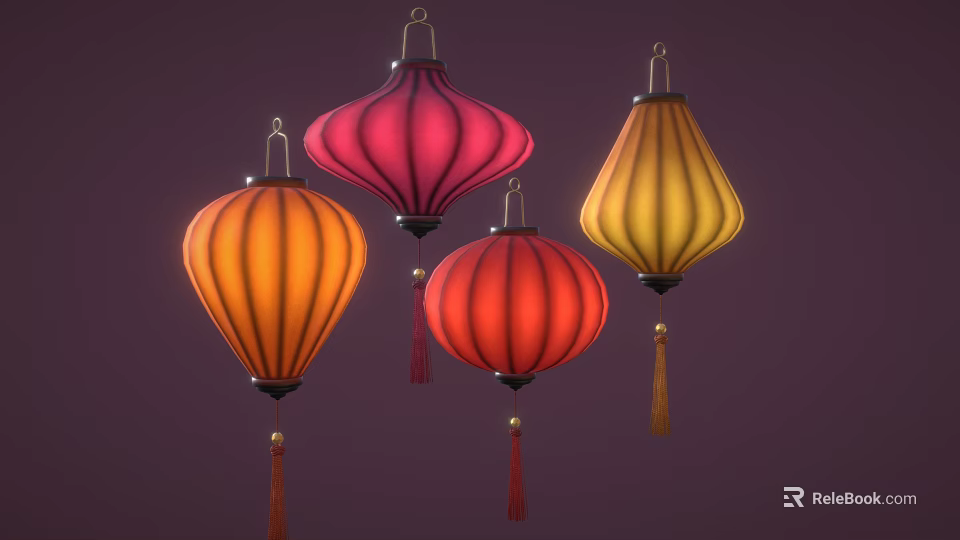 Colorful Traditional Hanging Lanterns With Tassels In Various Colors On Purple Background 3d model 