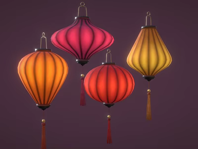 Colorful Traditional Hanging Lanterns With Tassels In Various Colors On Purple Background 3d model