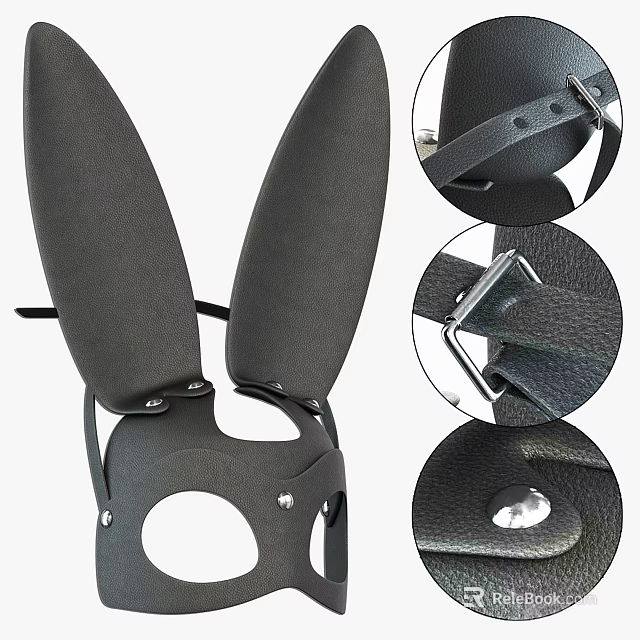 Black Bunny Ear Headpiece With Straps Buckles Rivets 3d model 
