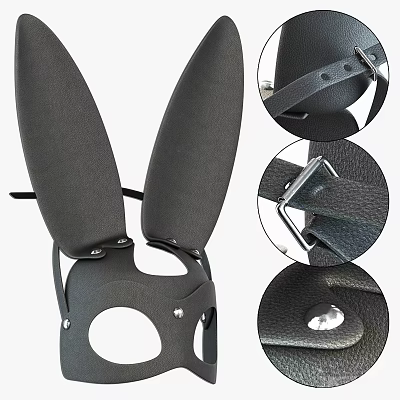 Black Bunny Ear Headpiece With Straps Buckles Rivets 3d model