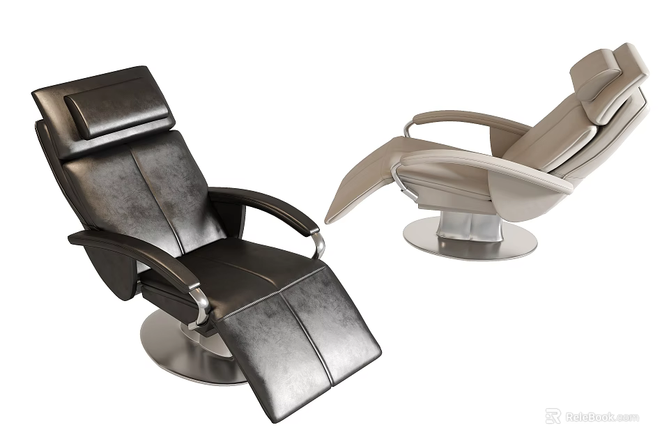 Modern Black and Beige Leather Massage Chairs with Reclining Footrest and Swivel Base Design 3d model 