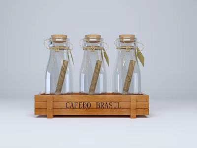 Ceramic Bottles With Cork Stoppers Twine Wrapped Tags In Wooden CAFEDO BRASIL Tray 3d model