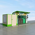 Public Waste Sorting Station With Green Beige Structure And Colorful Recycling Bins
