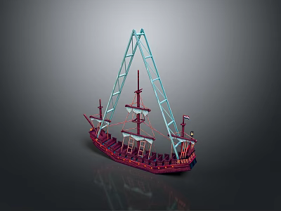 Detailed Sailing Model Ship With Red Blue Colors Masts And Gray Background 3d model