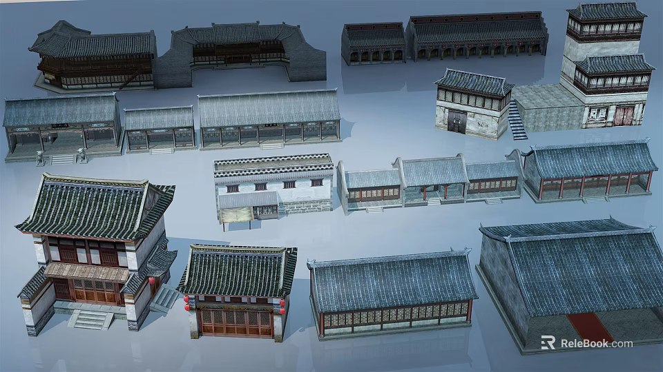 Ancient Chinese Architecture Models Showcasing Diverse Roof Styles And Traditional Structures 3d model 
