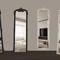 Different Colored Full Length Mirrors With Carved Frames Against Wall Reflecting Interior On Wooden Floor