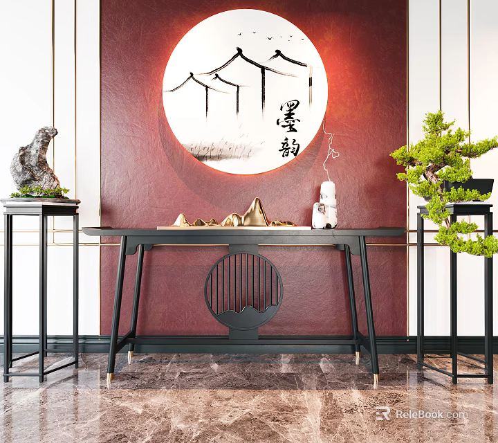 Chinese Style Console Table With Red Wall Circular Decor Mountain Pattern And Green Plant 3d model