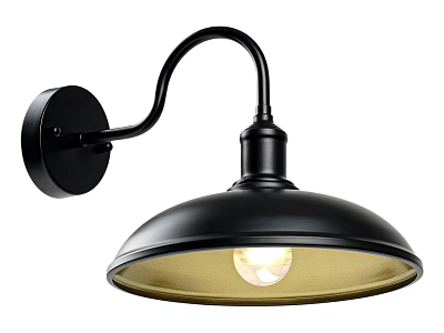 Black Modern Industrial Wall Lamp With Curved Arm Round Base And Illuminated Dome Shade 3d model