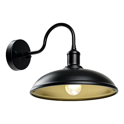 Black Modern Industrial Wall Lamp With Curved Arm Round Base And Illuminated Dome Shade 3d model