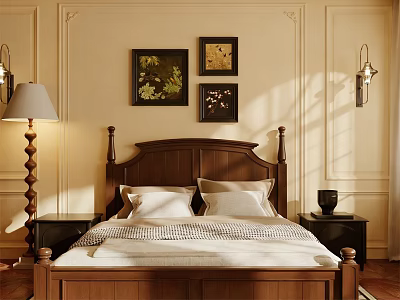 Traditional Bedroom Interior With Wooden Bed Headboard Nightstands And Decorative Paintings 3d model