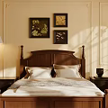 Traditional Bedroom Interior With Wooden Bed Headboard Nightstands And Decorative Paintings