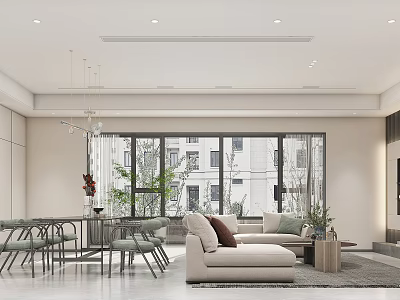 Modern Living and Dining Area Interior With Large Windows Sofa And Green Plants 3d model
