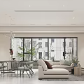 Modern Living and Dining Area Interior With Large Windows Sofa And Green Plants