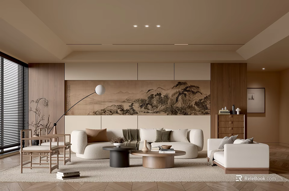 Elegant Modern Living Room Interior With Sofa Coffee Tables Decorative Painting And Floor Lamp 3d model 