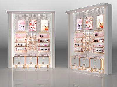 Modern Cosmetic Display Shelves with White Frame Gold Accents Display Panels and Storage Drawers 3d model