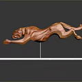 Artistic Dynamic Orange Wooden Leopard Sculpture On Green Marble Base