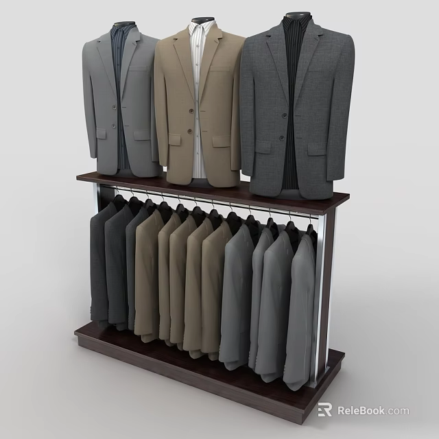 Two Tier Clothes Rack Displaying Suits in Gray Brown and Dark Colors for Retail Use 3d model 