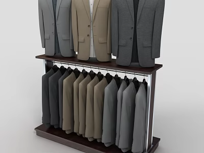 Two Tier Clothes Rack Displaying Suits in Gray Brown and Dark Colors for Retail Use 3d model