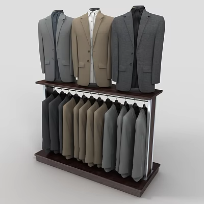Two Tier Clothes Rack Displaying Suits in Gray Brown and Dark Colors for Retail Use 3d model