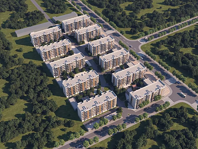 Aerial Planning of Residential Complex with Organized Buildings Greenery and Roads 3d model