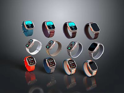 Smart Watches Collection With Various Color Straps And Digital Display Designs 3d model