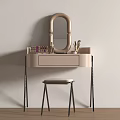 Modern Dressing Table With Oval Mirror Drawer Cosmetics Makeup Brushes And Small Stool 3d model