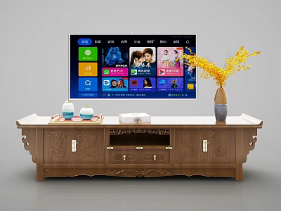 Carved Wooden TV Stand With Drawers Cabinets TV Screen White Teacups Box And Vase 3d model